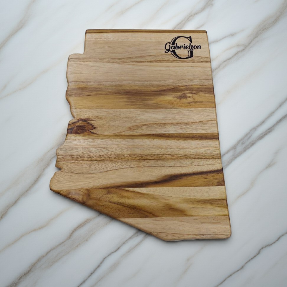 Arizona state-shaped Teak Charcuterie or Cutting Board, Serving Tray, personalized