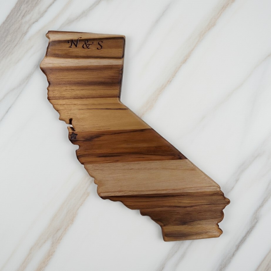 California state-shaped Teak Charcuterie or Cutting Board, Serving Tray, personalized