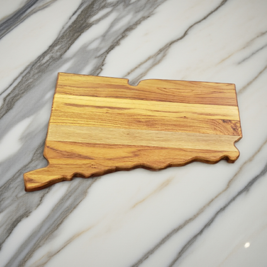 Solid teak wood charcuterie board in the shape of Connecticut with natural wood grain and no engraving.