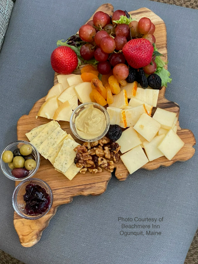 Custom Maine shaped teak charcuterie board and handcrafted cheese tray.