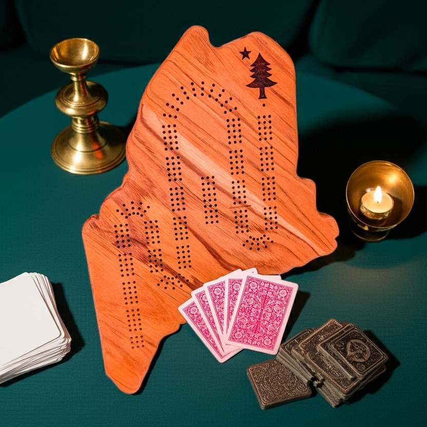 Maine shaped cribbage board with 1901 Tree and Flag engraving