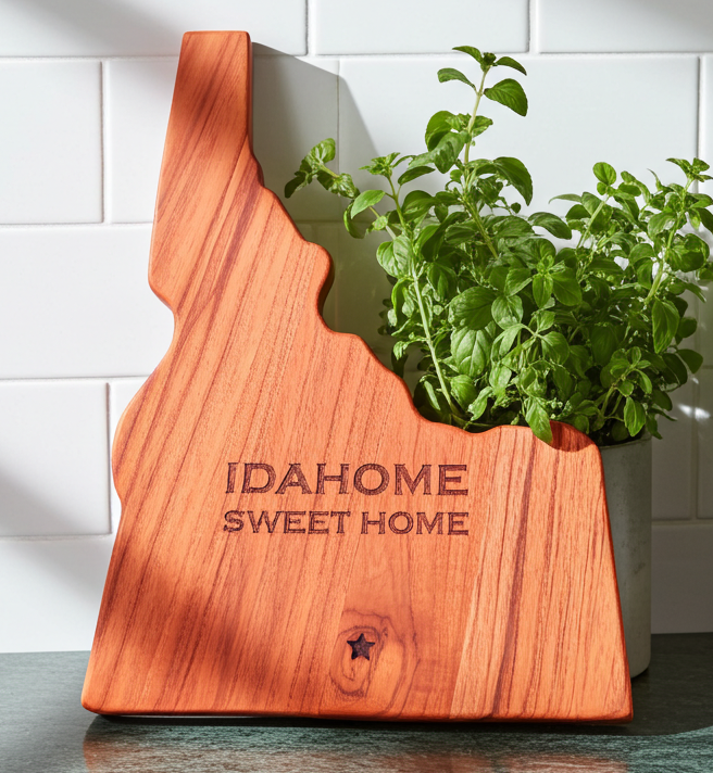 Idaho state-shaped Teak wood charcuterie board with "IDAHOME SWEET HOME" laser engraving and star detail