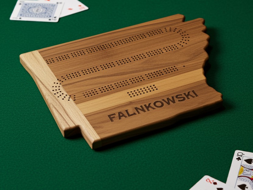 Custom Arkansas state-shaped teak wood cribbage board with laser-engraved name and 3-track peg path.