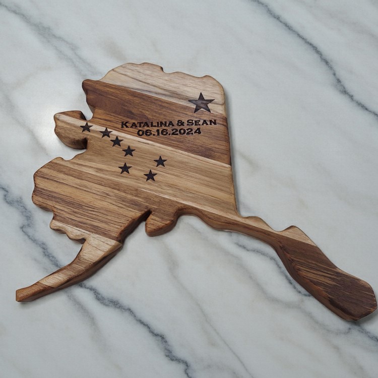 Alaska state-shaped Teak Charcuterie or Cutting Board, Serving Tray, personalized