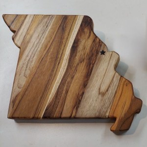 Missouri state-shaped Teak wood charcuterie board handcrafted in Maine by Great Moose Woodcraft