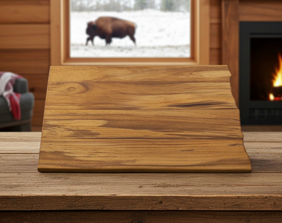 North Dakota state-shaped Teak wood charcuterie board handcrafted by Great Moose Woodcraft