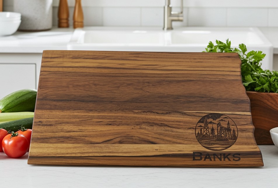 Natural Teak wood grain detail on a durable 1-inch thick North Dakota serving tray