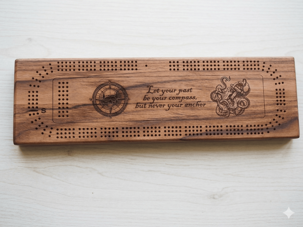 Handcrafted teak wood cribbage board with custom engraving and peg storage.