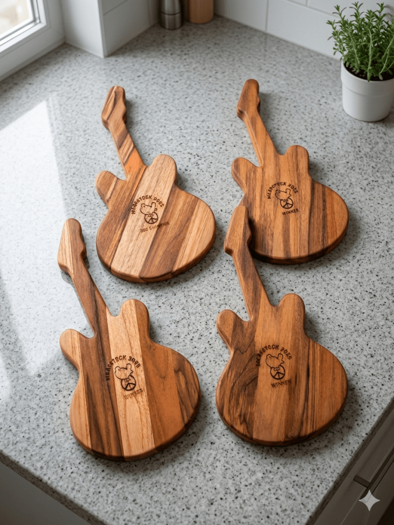 Custom electric guitar shaped teak cutting boards with engraved logos.